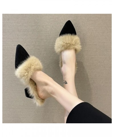 Stylish Ladies Pointed Toe Suede Backless Mule Slippers for Women Slip-Ons Chunky Heels Fur Lining Warm Fleece Pumps for Wint...