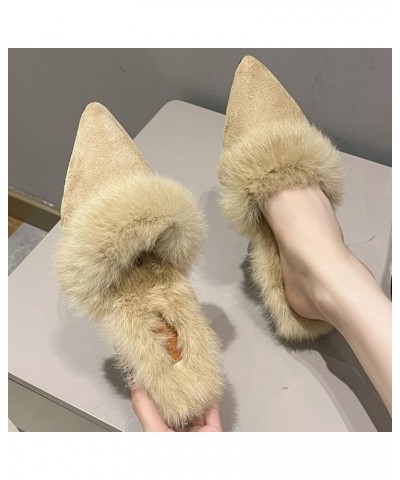 Stylish Ladies Pointed Toe Suede Backless Mule Slippers for Women Slip-Ons Chunky Heels Fur Lining Warm Fleece Pumps for Wint...