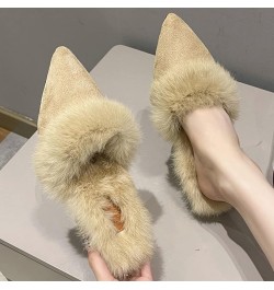 Stylish Ladies Pointed Toe Suede Backless Mule Slippers for Women Slip-Ons Chunky Heels Fur Lining Warm Fleece Pumps for Wint...