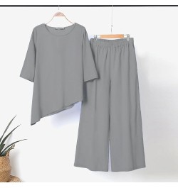 Womens New Casual Solid Color Irregular Short Sleeve Wide Leg Pants Jumpsuit Set Grey - 2024 Pants for Women $17.59 Athletic ...