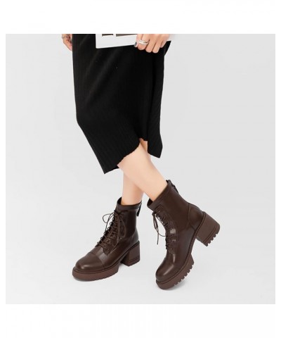 Women's Combat Ankle Boots Round Toe Platform Block Chunky Mid Heel Fur Lined Zipper Warm Snow Booties Warm/Brown $29.24 Boots