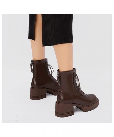 Women's Combat Ankle Boots Round Toe Platform Block Chunky Mid Heel Fur Lined Zipper Warm Snow Booties Warm/Brown $29.24 Boots