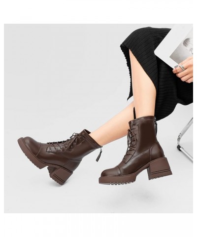 Women's Combat Ankle Boots Round Toe Platform Block Chunky Mid Heel Fur Lined Zipper Warm Snow Booties Warm/Brown $29.24 Boots