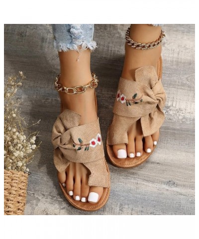 Women Footwea Party Evening Double Bowknots Sandals for Women Short Thick Chunky Block Heels Khaki $14.15 Outdoor Shoes