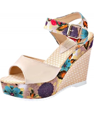 Wedge Sandals For Women Wide Width Comfortable Ankle Strap Floral Print Thick Bottom Comfortable Casual Sandals 03-beige $15....