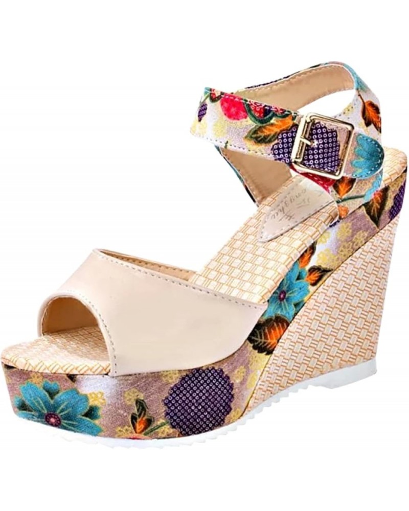 Wedge Sandals For Women Wide Width Comfortable Ankle Strap Floral Print Thick Bottom Comfortable Casual Sandals 03-beige $15....