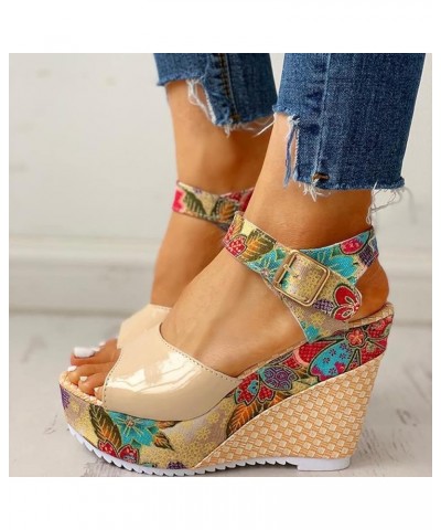 Wedge Sandals For Women Wide Width Comfortable Ankle Strap Floral Print Thick Bottom Comfortable Casual Sandals 03-beige $15....