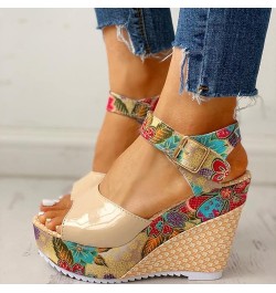 Wedge Sandals For Women Wide Width Comfortable Ankle Strap Floral Print Thick Bottom Comfortable Casual Sandals 03-beige $15....