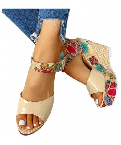 Wedge Sandals For Women Wide Width Comfortable Ankle Strap Floral Print Thick Bottom Comfortable Casual Sandals 03-beige $15....