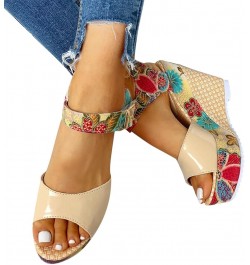 Wedge Sandals For Women Wide Width Comfortable Ankle Strap Floral Print Thick Bottom Comfortable Casual Sandals 03-beige $15....