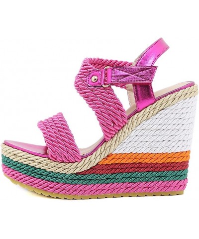 Women's Braided Silk Ribbon Wedges Sandals, Platform Open Toe Buckle Ankle Strap Summer High Wedge Heels Shoes 2-pink $29.39 ...