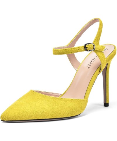 Womens Solid Suede Buckle Ankle Strap Pointed Toe Dress Dating Stiletto High Heel Pumps Shoes 4 Inch Yellow $33.43 Pumps