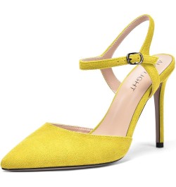 Womens Solid Suede Buckle Ankle Strap Pointed Toe Dress Dating Stiletto High Heel Pumps Shoes 4 Inch Yellow $33.43 Pumps