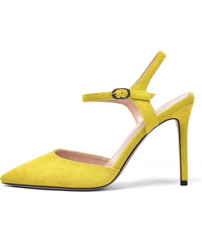 Womens Solid Suede Buckle Ankle Strap Pointed Toe Dress Dating Stiletto High Heel Pumps Shoes 4 Inch Yellow $33.43 Pumps