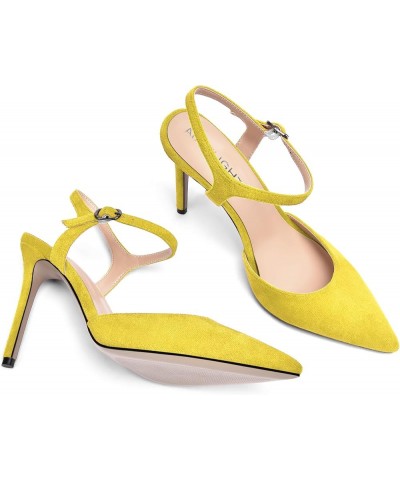 Womens Solid Suede Buckle Ankle Strap Pointed Toe Dress Dating Stiletto High Heel Pumps Shoes 4 Inch Yellow $33.43 Pumps