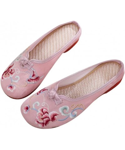 Flat Mules for Women Round Toe Vintage Embroidered Slip on Loafers Backless Mules C Pink $10.89 Mules & Clogs