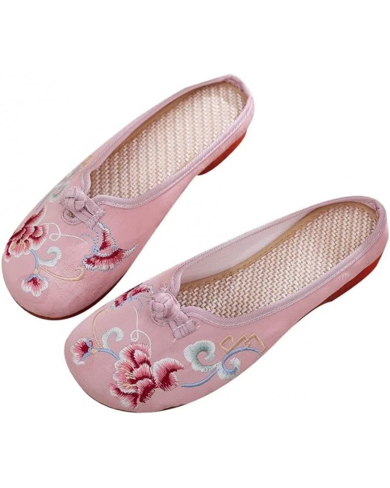 Flat Mules for Women Round Toe Vintage Embroidered Slip on Loafers Backless Mules C Pink $10.89 Mules & Clogs