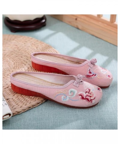 Flat Mules for Women Round Toe Vintage Embroidered Slip on Loafers Backless Mules C Pink $10.89 Mules & Clogs