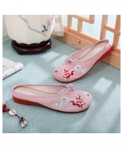 Flat Mules for Women Round Toe Vintage Embroidered Slip on Loafers Backless Mules C Pink $10.89 Mules & Clogs