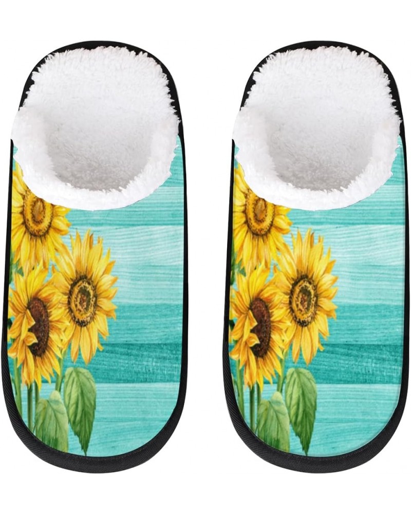 Teal Wooden Sunflower Floral Womens House Slippers Indoor, Men's Soft Cozy Warm Plush Bedroom Anti Skid Slippers Memory Foam ...