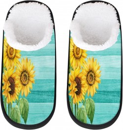 Teal Wooden Sunflower Floral Womens House Slippers Indoor, Men's Soft Cozy Warm Plush Bedroom Anti Skid Slippers Memory Foam ...