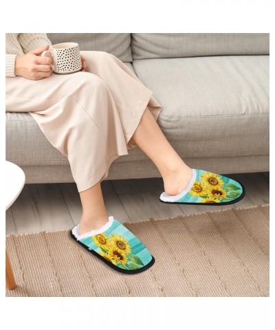 Teal Wooden Sunflower Floral Womens House Slippers Indoor, Men's Soft Cozy Warm Plush Bedroom Anti Skid Slippers Memory Foam ...