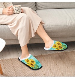 Teal Wooden Sunflower Floral Womens House Slippers Indoor, Men's Soft Cozy Warm Plush Bedroom Anti Skid Slippers Memory Foam ...