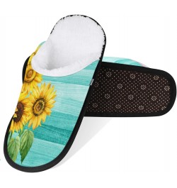 Teal Wooden Sunflower Floral Womens House Slippers Indoor, Men's Soft Cozy Warm Plush Bedroom Anti Skid Slippers Memory Foam ...