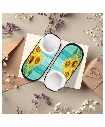 Teal Wooden Sunflower Floral Womens House Slippers Indoor, Men's Soft Cozy Warm Plush Bedroom Anti Skid Slippers Memory Foam ...