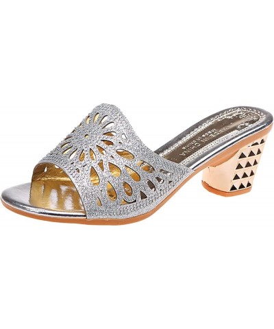 women flat sandals Women's Sandals Thick Heel Fashion Low Heel Rhinestone Casual Slippers Z 01-silver $12.14 Sandals