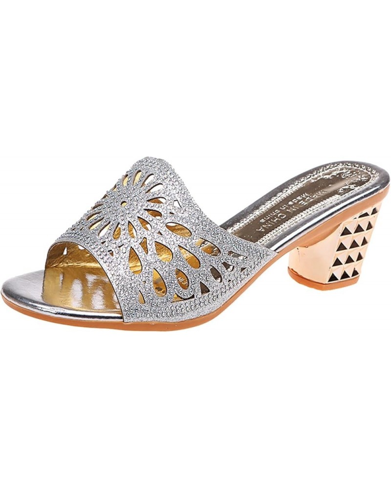 women flat sandals Women's Sandals Thick Heel Fashion Low Heel Rhinestone Casual Slippers Z 01-silver $12.14 Sandals