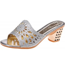 women flat sandals Women's Sandals Thick Heel Fashion Low Heel Rhinestone Casual Slippers Z 01-silver $12.14 Sandals