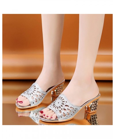 women flat sandals Women's Sandals Thick Heel Fashion Low Heel Rhinestone Casual Slippers Z 01-silver $12.14 Sandals