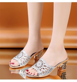 women flat sandals Women's Sandals Thick Heel Fashion Low Heel Rhinestone Casual Slippers Z 01-silver $12.14 Sandals