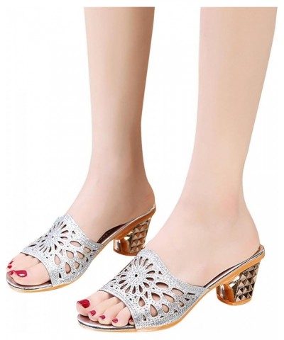 women flat sandals Women's Sandals Thick Heel Fashion Low Heel Rhinestone Casual Slippers Z 01-silver $12.14 Sandals