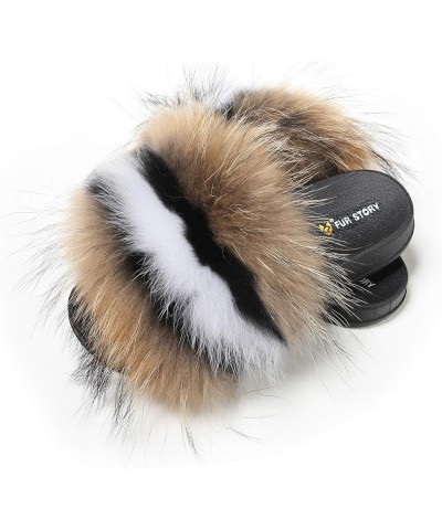 Women's Furry Slides Faux Fur Slides Fuzzy Slippers Fluffy Sandals Outdoor Indoor 02 Brown-whiteline $13.77 Slippers