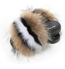 Women's Furry Slides Faux Fur Slides Fuzzy Slippers Fluffy Sandals Outdoor Indoor 02 Brown-whiteline $13.77 Slippers