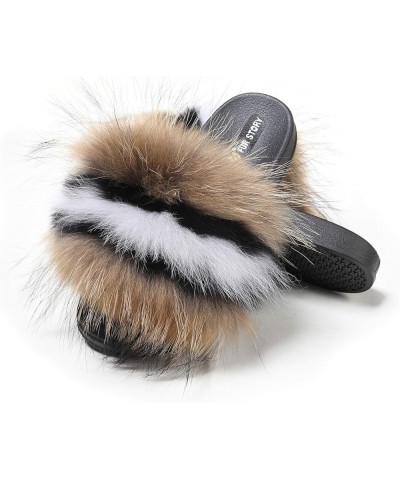 Women's Furry Slides Faux Fur Slides Fuzzy Slippers Fluffy Sandals Outdoor Indoor 02 Brown-whiteline $13.77 Slippers