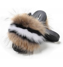 Women's Furry Slides Faux Fur Slides Fuzzy Slippers Fluffy Sandals Outdoor Indoor 02 Brown-whiteline $13.77 Slippers