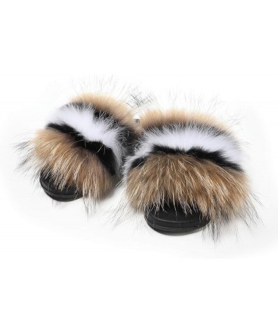 Women's Furry Slides Faux Fur Slides Fuzzy Slippers Fluffy Sandals Outdoor Indoor 02 Brown-whiteline $13.77 Slippers