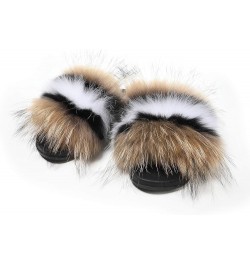 Women's Furry Slides Faux Fur Slides Fuzzy Slippers Fluffy Sandals Outdoor Indoor 02 Brown-whiteline $13.77 Slippers