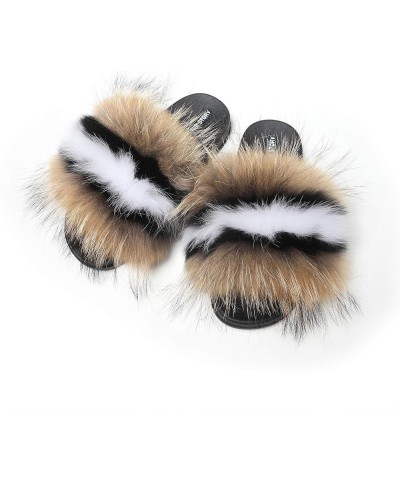 Women's Furry Slides Faux Fur Slides Fuzzy Slippers Fluffy Sandals Outdoor Indoor 02 Brown-whiteline $13.77 Slippers