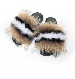 Women's Furry Slides Faux Fur Slides Fuzzy Slippers Fluffy Sandals Outdoor Indoor 02 Brown-whiteline $13.77 Slippers