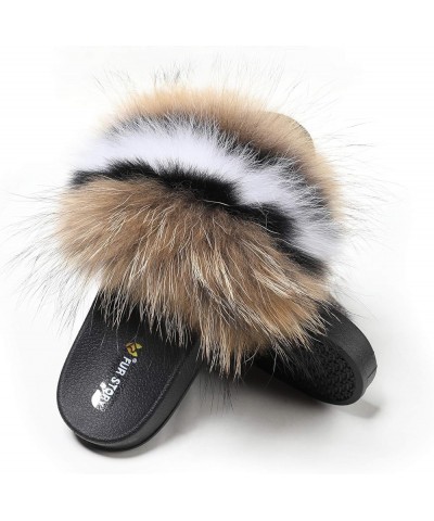 Women's Furry Slides Faux Fur Slides Fuzzy Slippers Fluffy Sandals Outdoor Indoor 02 Brown-whiteline $13.77 Slippers