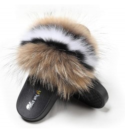 Women's Furry Slides Faux Fur Slides Fuzzy Slippers Fluffy Sandals Outdoor Indoor 02 Brown-whiteline $13.77 Slippers