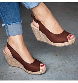 Women's Fish Mouth Back Hollow Shallow Wedge Heel Foreign Trade Low Top PU Fashion Sandals Womens Wedge Sandals Size 9 Brown ...