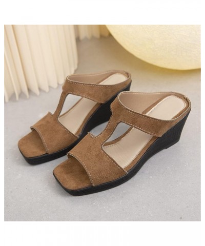 Mountain Sole Sandals for Women Ladies Fashion Solid Color Suede Square Open Toe Wedge Heel Thick Sole Sandals (Beige, 8.5) 7...