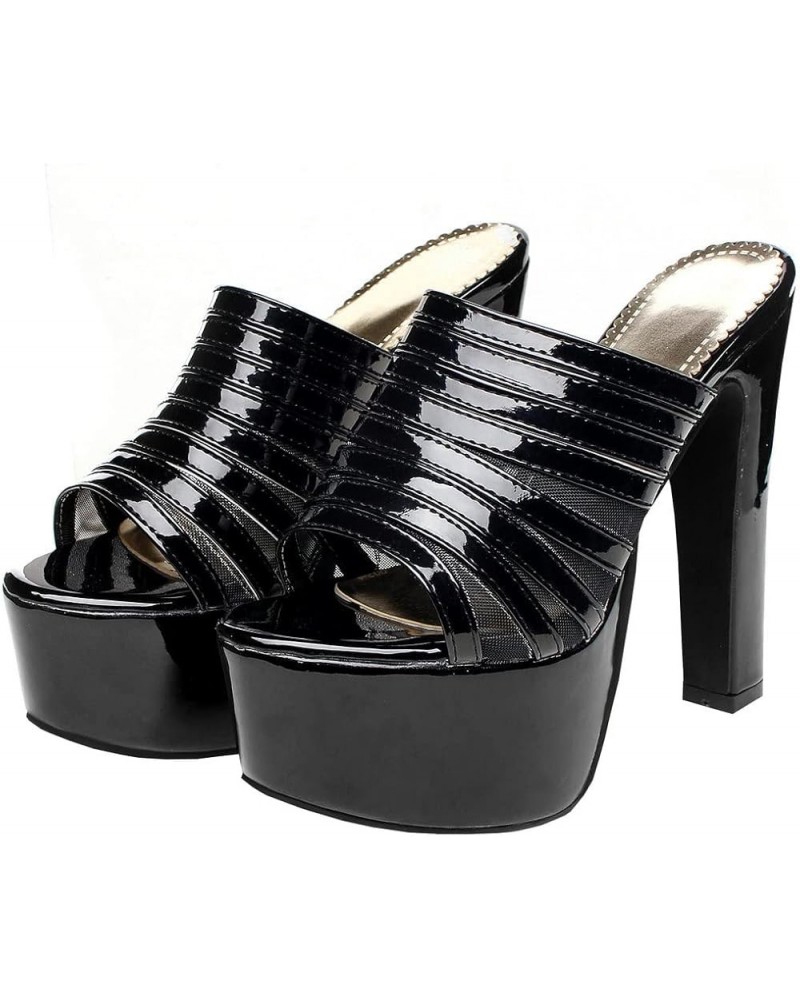 Women's Chunky High Heel Platform Mules Sandals Open Toe Block Heels Patent Leather Slippers Shoes Black $23.22 Sandals