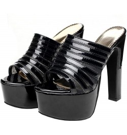 Women's Chunky High Heel Platform Mules Sandals Open Toe Block Heels Patent Leather Slippers Shoes Black $23.22 Sandals