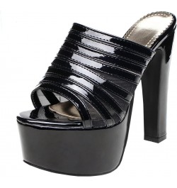 Women's Chunky High Heel Platform Mules Sandals Open Toe Block Heels Patent Leather Slippers Shoes Black $23.22 Sandals